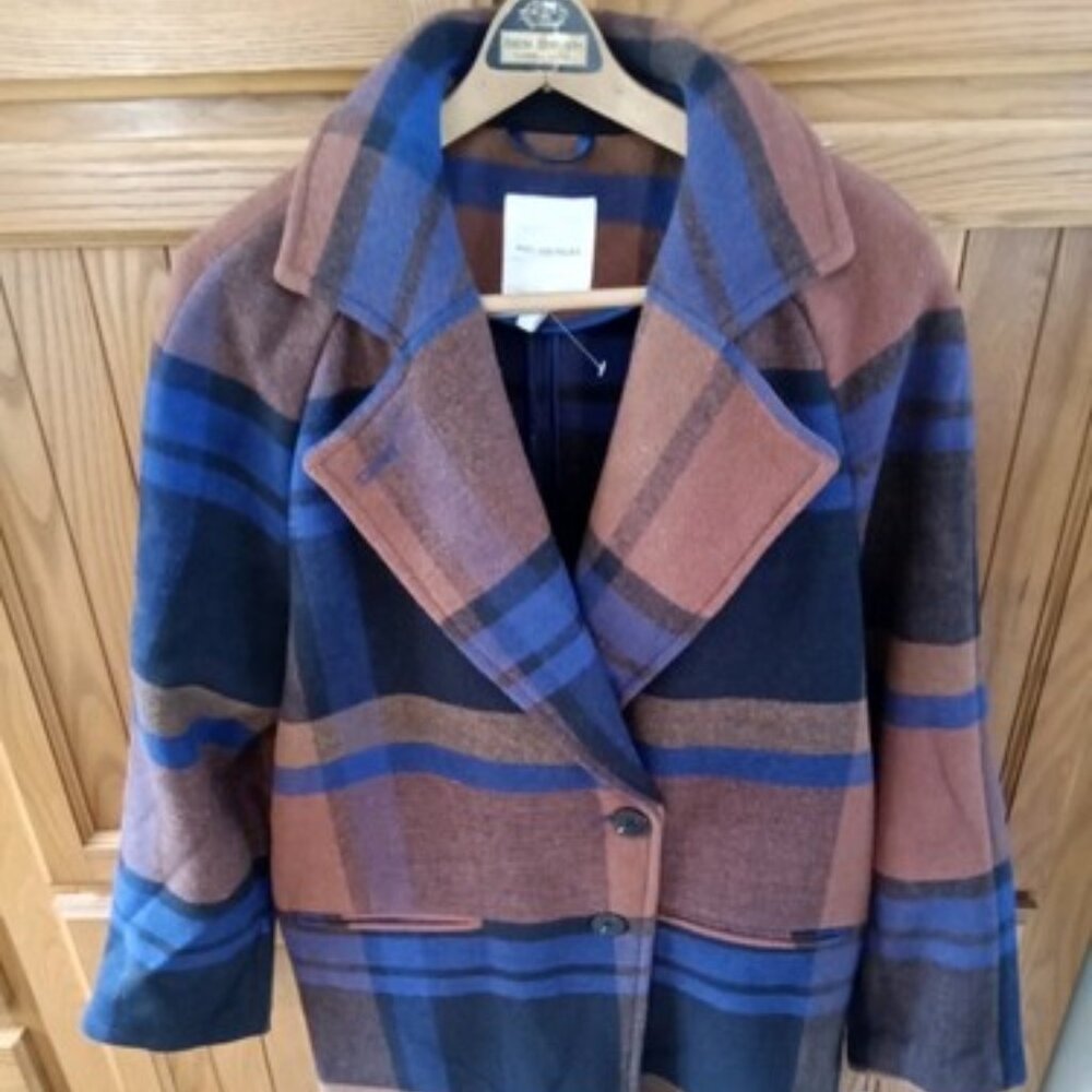 Avec Les Filles Navy Blue and Brown / Orange Plaid Wool Trench Coat